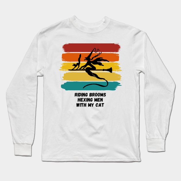 Sunset Witch Riding Brooms Hexing Men with My Cat Long Sleeve T-Shirt by nathalieaynie